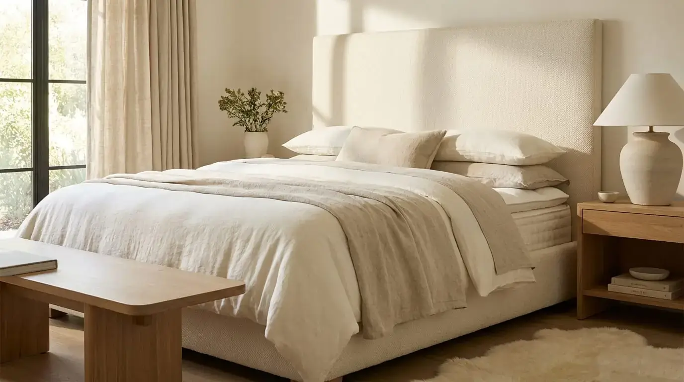 Elegant bedroom with premium mattress and soft linen bedding.