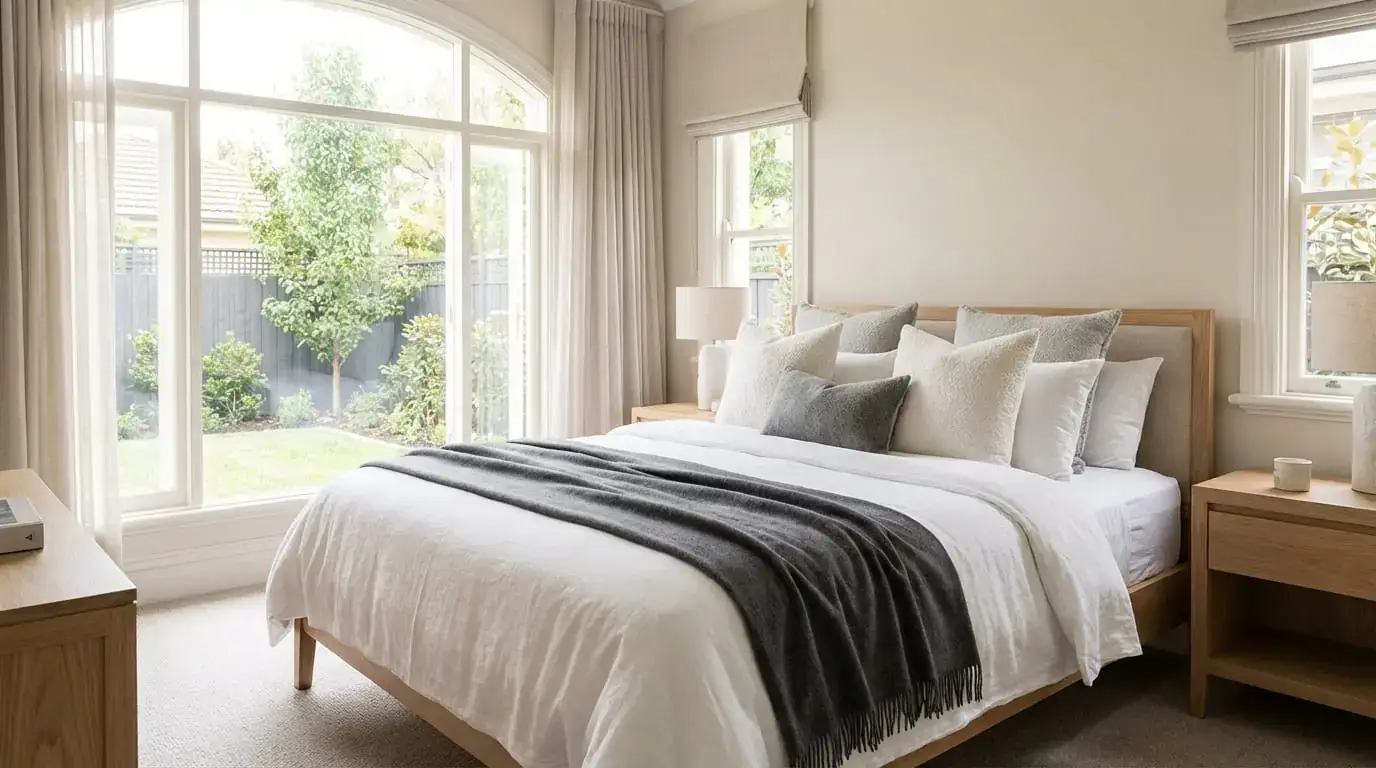 Boutique hotel bedroom with quality textiles and serene atmosphere.