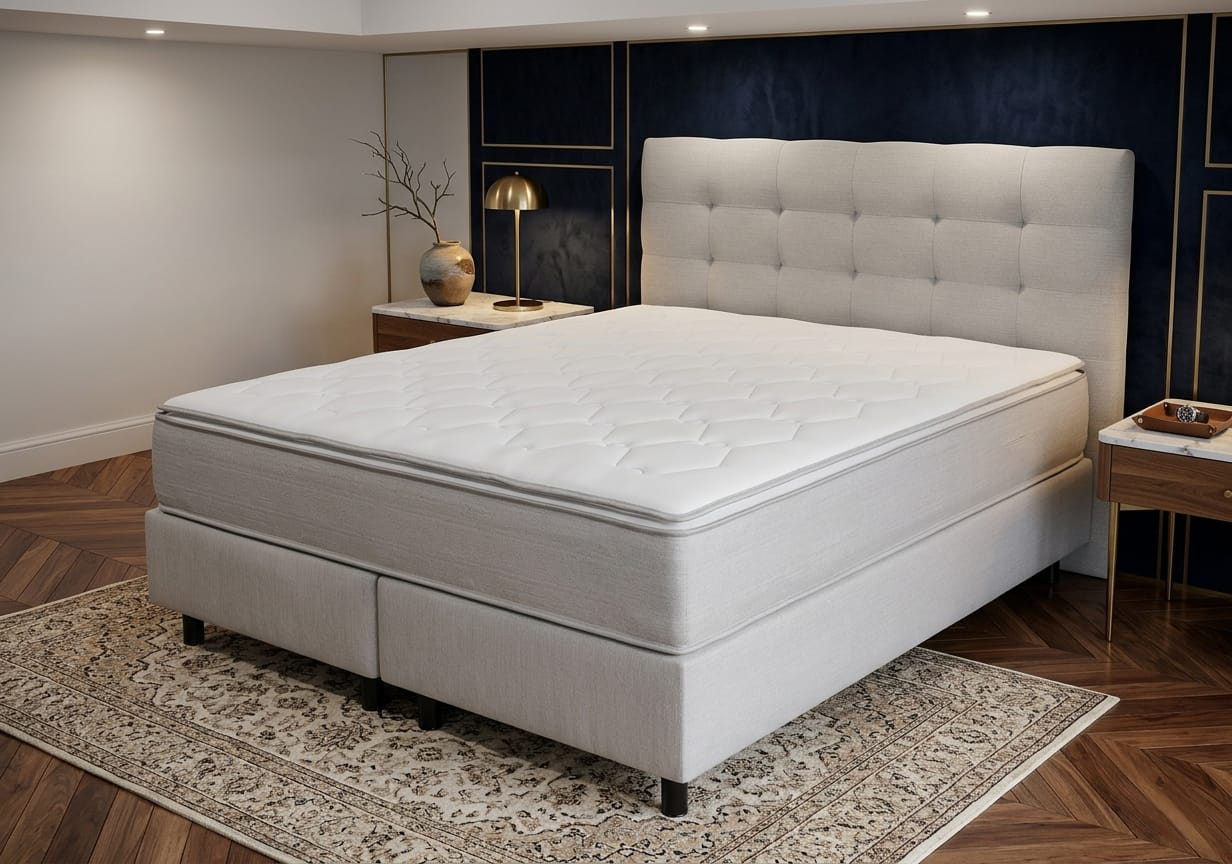 Molarte BERNINA — quilted mattress on a dark teal velvet base with brass lamp and minimal styling
