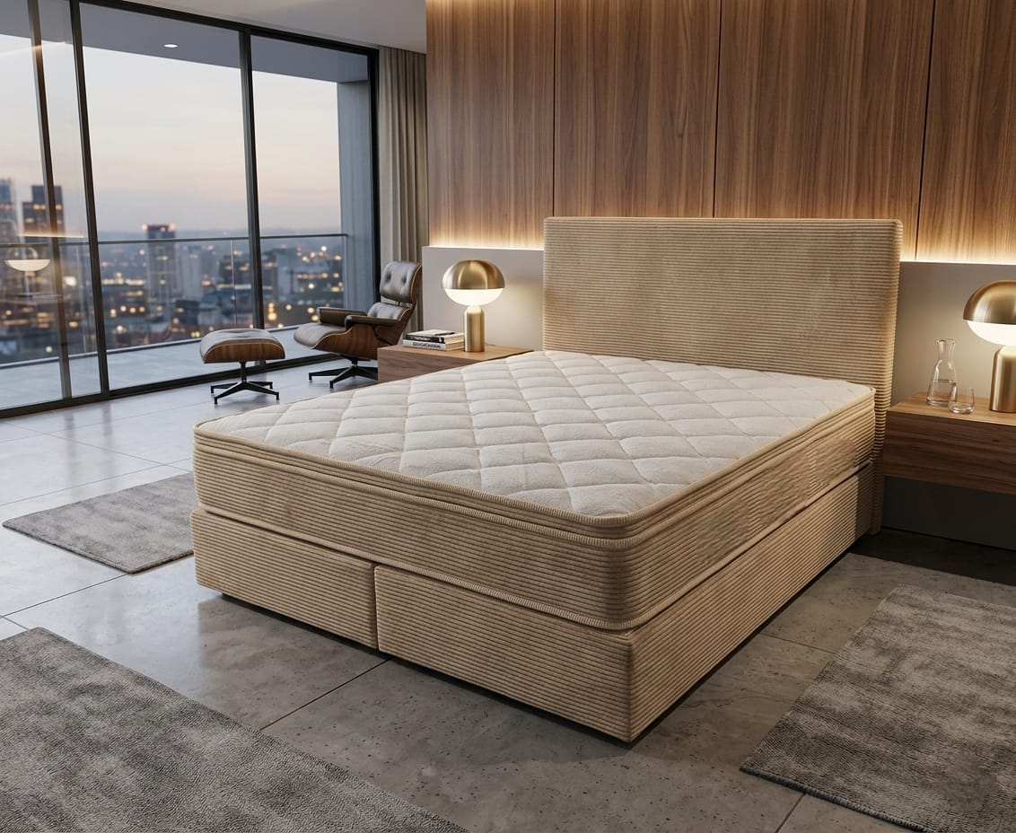Molarte LÉMAN — corduroy-velvet upholstered bed in a contemporary apartment with city view